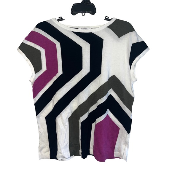 Chico's Geometric Intarsia Knit Top Short Sleeve Boat Neck Navy Magenta Size 2 L - Picture 2 of 9